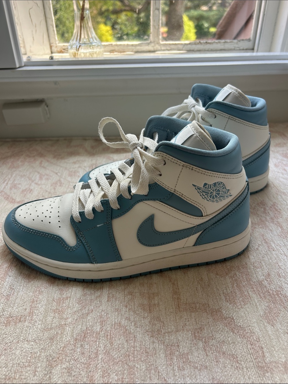 Nike Air Jordan 1 Mid White and Light Blue Sneakers